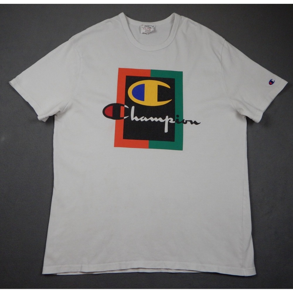 Champion T Shirt Mens Large White Vintage 90s Spell Out Logo Graphic Tee READ